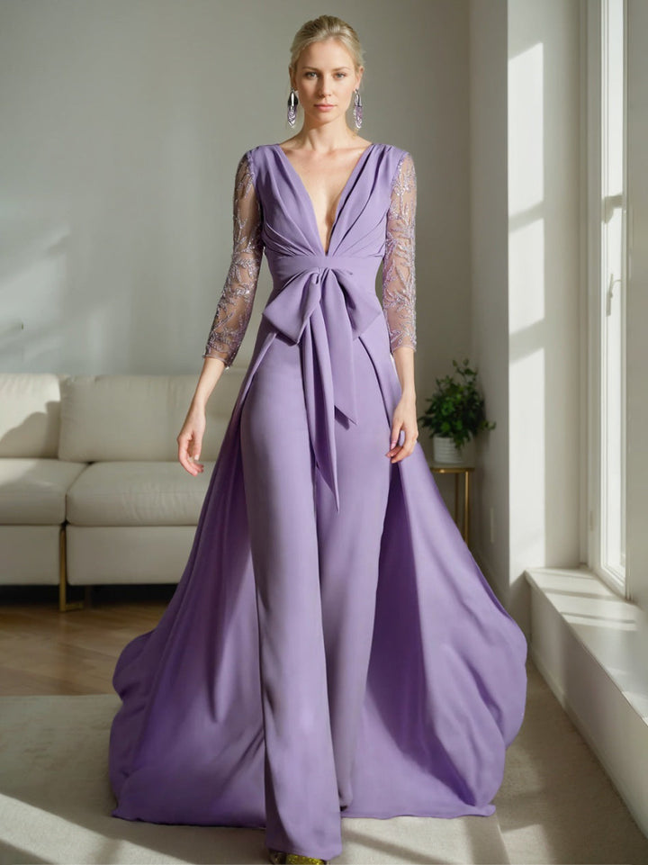A-Line/Princess Plunge V-Neck Ruched Mother of the Bride Jumpsuits聽with Embroidered Tulle Sleeves & Bow