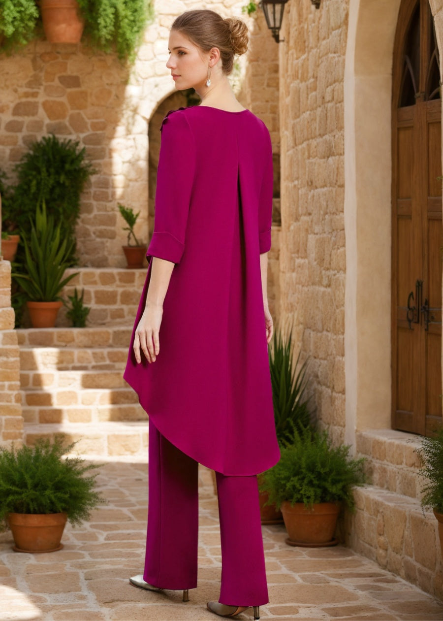 2 Pieces V-Neck 3/4 Sleeves Floor-Length Mother of the Bride Pantsuits with Ruffles & Jewel Appliques