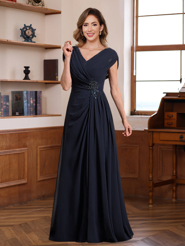 A-Line/Princess V-Neck Ruched Floor-Length Pleated Mother of the Bride & Groom Dresses with Jewel Appliques & Sequins
