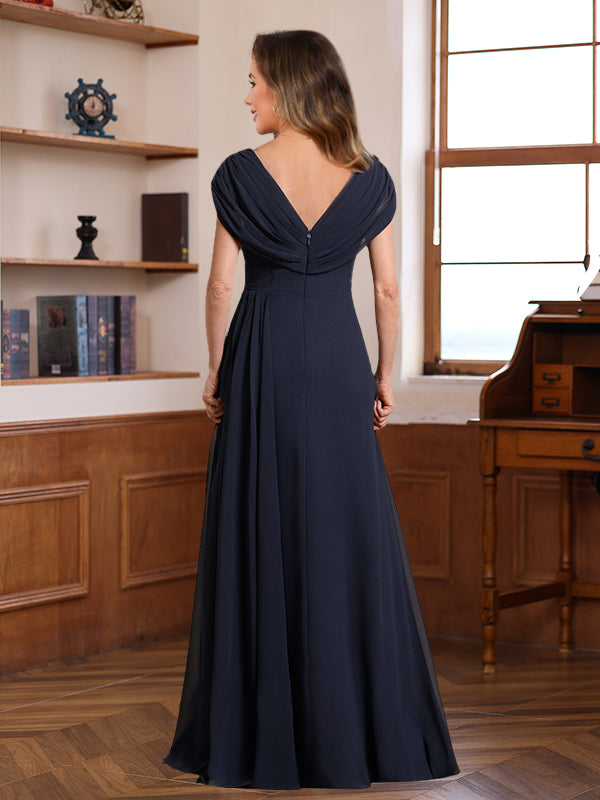 A-Line/Princess V-Neck Ruched Floor-Length Pleated Mother of the Bride & Groom Dresses with Jewel Appliques & Sequins