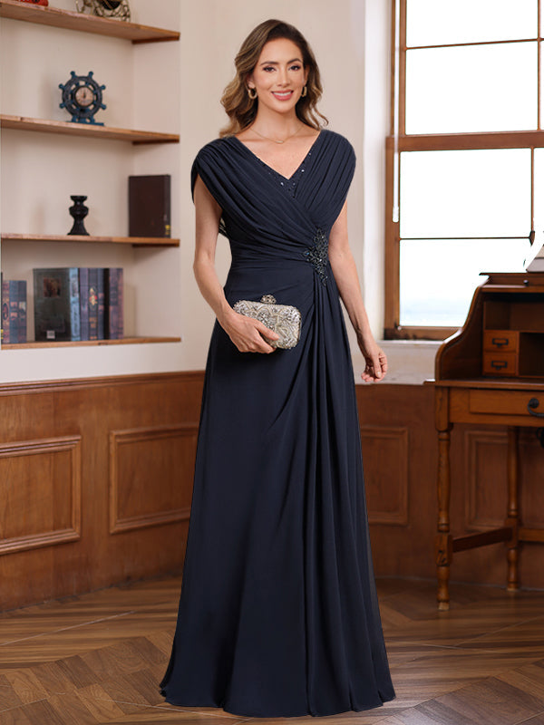 A-Line/Princess V-Neck Ruched Floor-Length Pleated Mother of the Bride & Groom Dresses with Jewel Appliques & Sequins