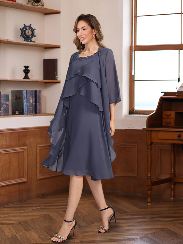 A-Line/Princess Scoop Knee-Length Mother of the Bride & Groom Dresses with Jacket & Beads & Ruffles