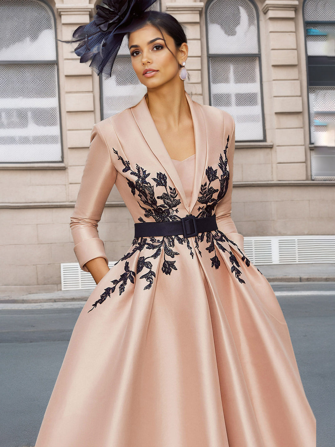 A-Line/Princess Plunge V-Neck 3/4 Sleeves Ankle-Length Pleated Mother of the Bride Dresses with Appliques & Belt