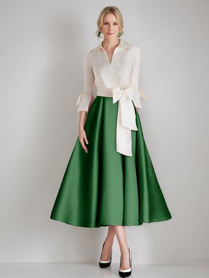 A-Line/Princess Shirt Collar 3/4 Sleeves Tea-Length Pleated Mother of the Bride Dresses with Sash & Bows