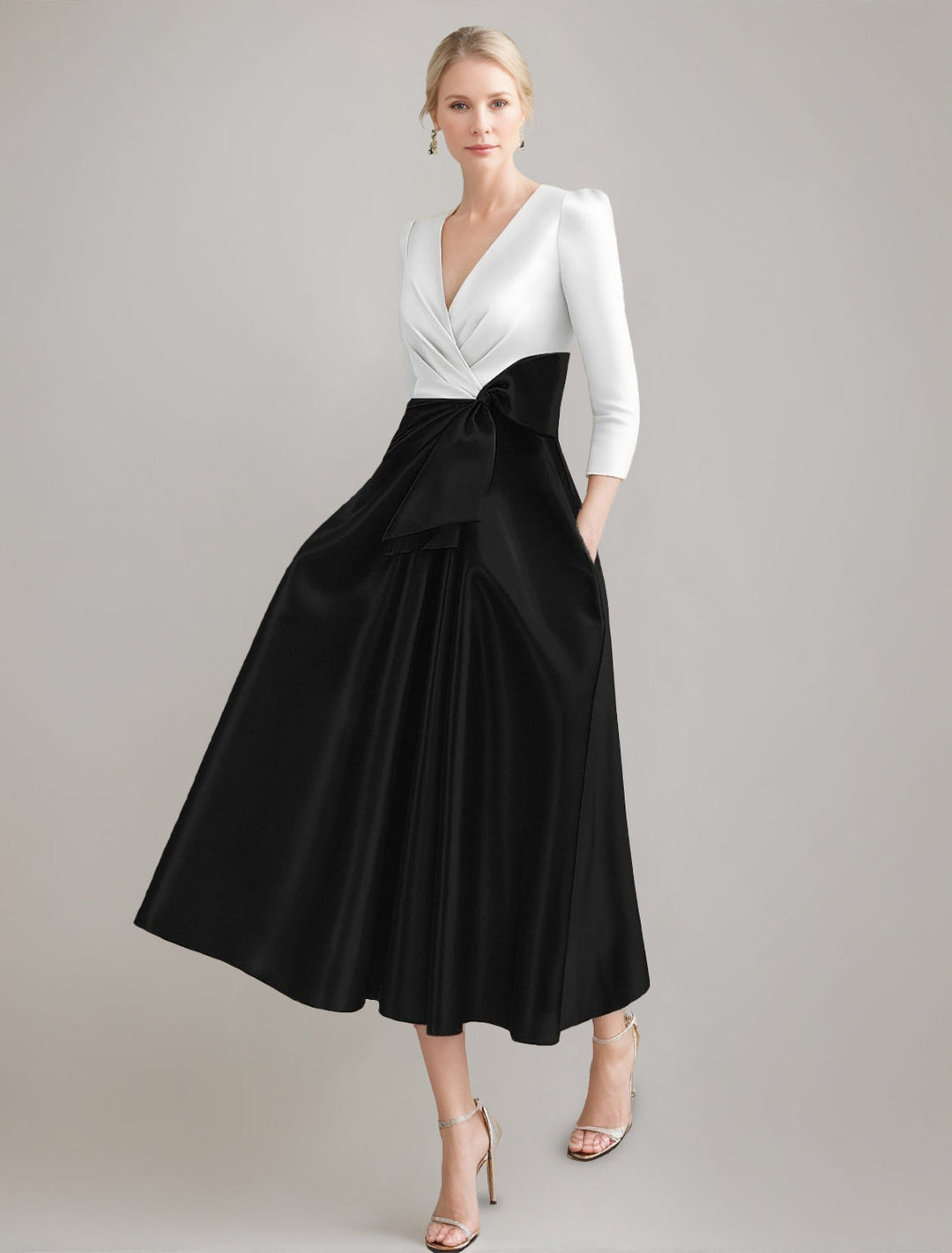 A-Line/Princess V-neck 3/4 Sleeves Pleated Tea-Length Ruched Mother of the Bride Dresses with Bow & Pocket