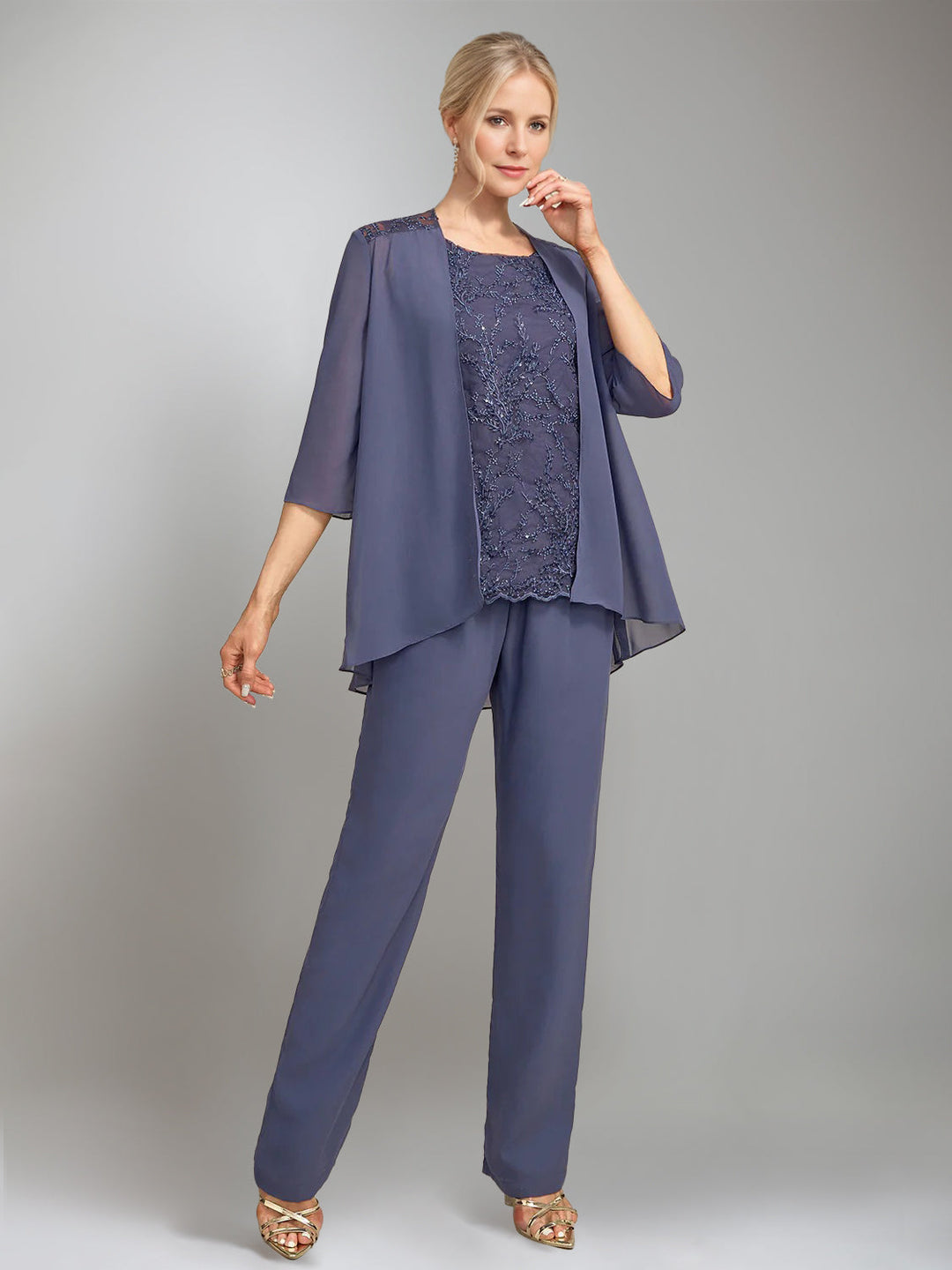 3 Pieces Scoop Sleeveless Floor-Length Mother of the Bride Pantsuits with Jacket