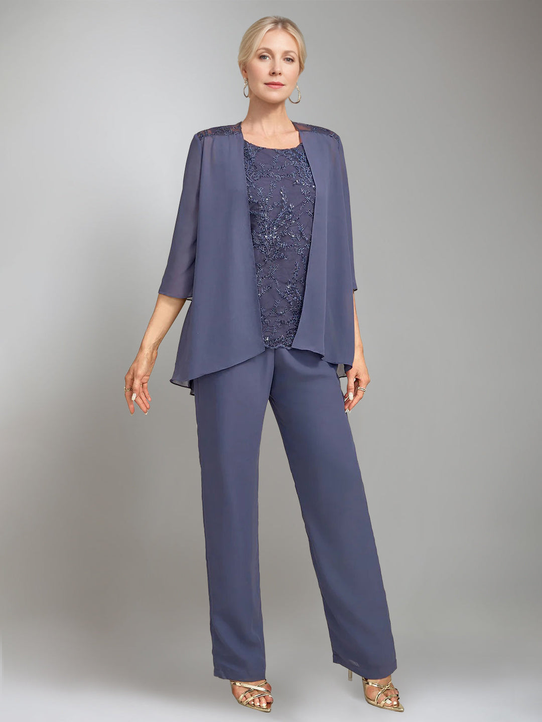 3 Pieces Scoop Sleeveless Floor-Length Mother of the Bride Pantsuits with Jacket