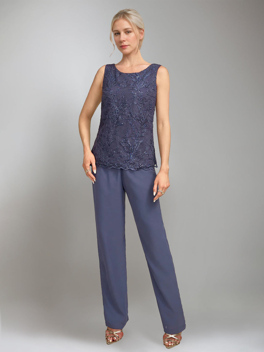 3 Pieces Scoop Sleeveless Floor-Length Mother of the Bride Pantsuits with Jacket