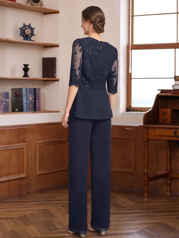 3 Pieces Scoop Half Sleeves Floor-Length Mother of the Bride Pantsuits with Appliques & Sequins & Jacket