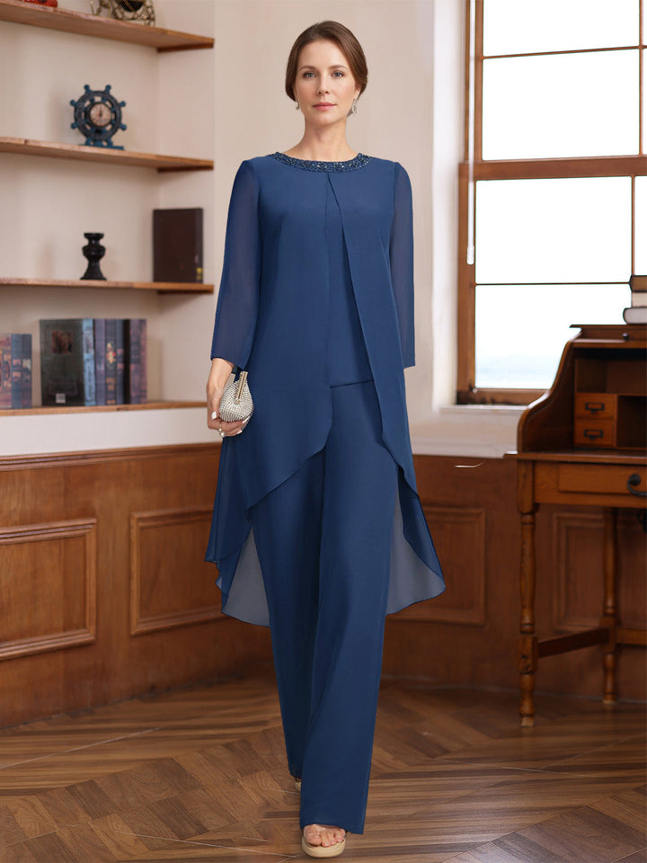 2 Pieces Scoop 3/4 Sleeves Floor-Length Mother of the Bride Pantsuits with Sequins & Beads