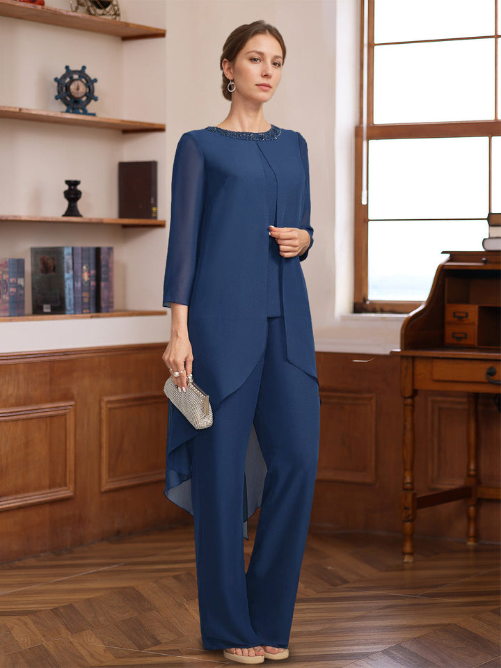2 Pieces Scoop 3/4 Sleeves Floor-Length Mother of the Bride Pantsuits with Sequins & Beads