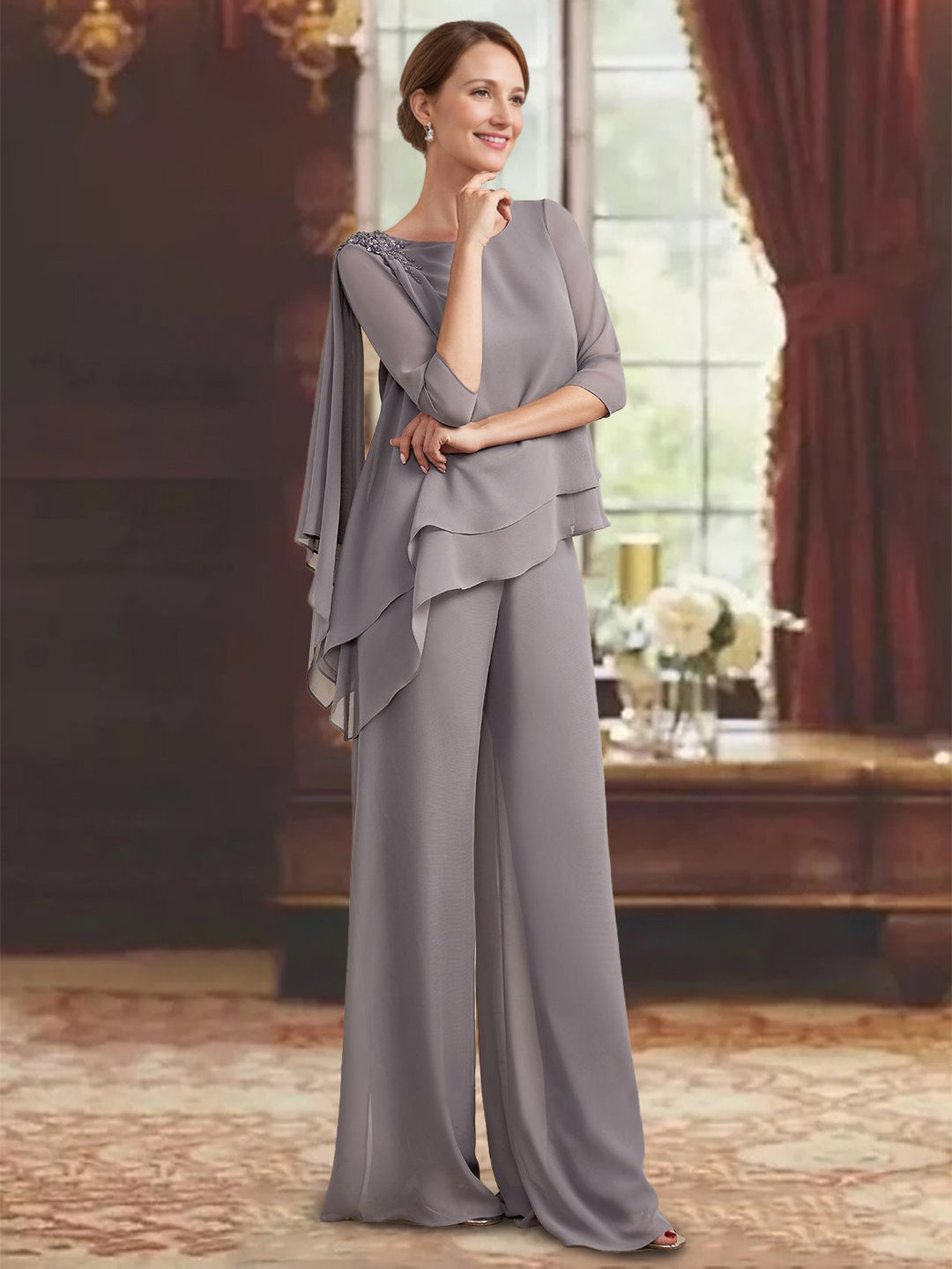 2 Pieces Scoop 3/4 Sleeves Floor-Length Mother of the Bride Pantsuits with Jewel Appliques