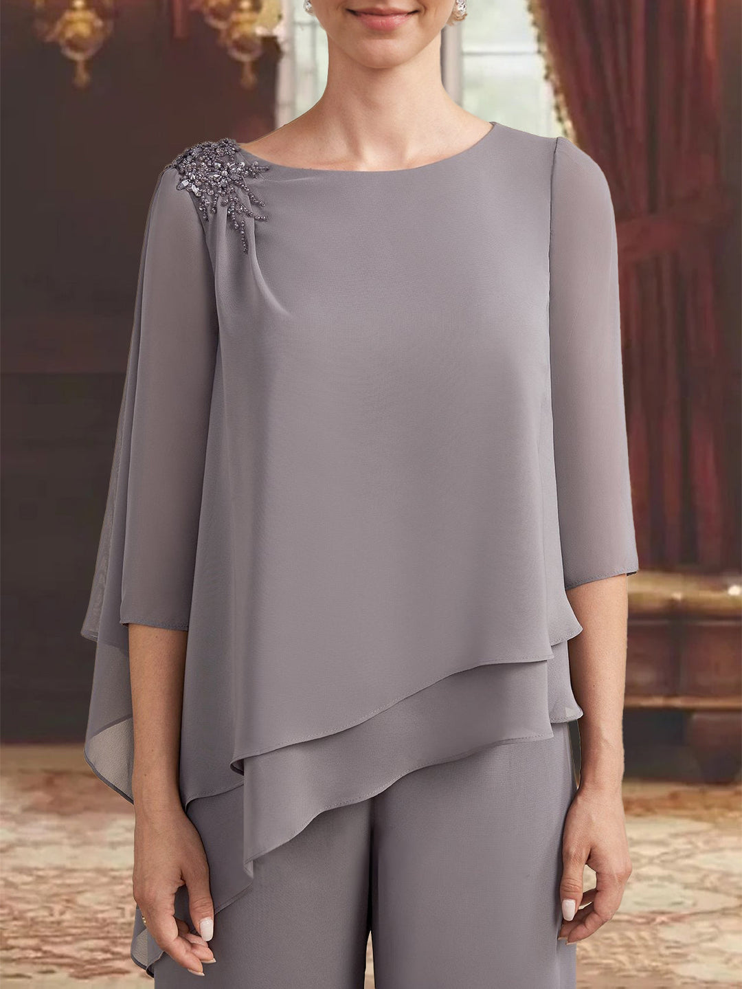 2 Pieces Scoop 3/4 Sleeves Floor-Length Mother of the Bride Pantsuits with Jewel Appliques