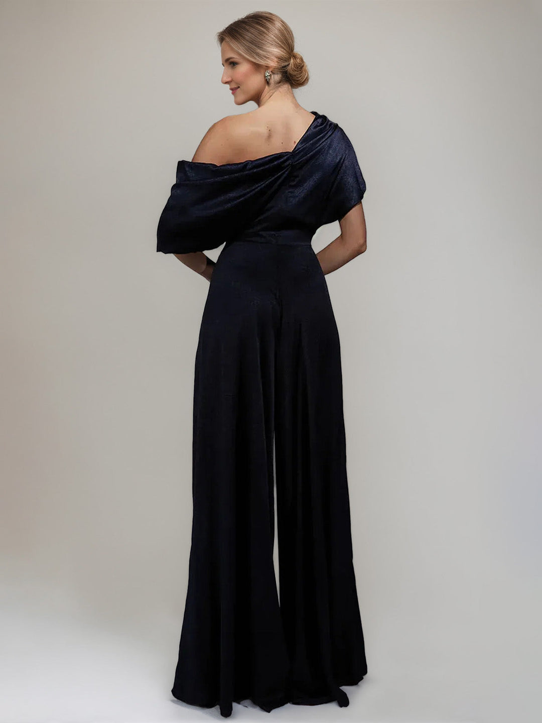 One Shoulder Floor-Length Short Sleeves Wide-Leg Mother of the Bride Jumpsuits