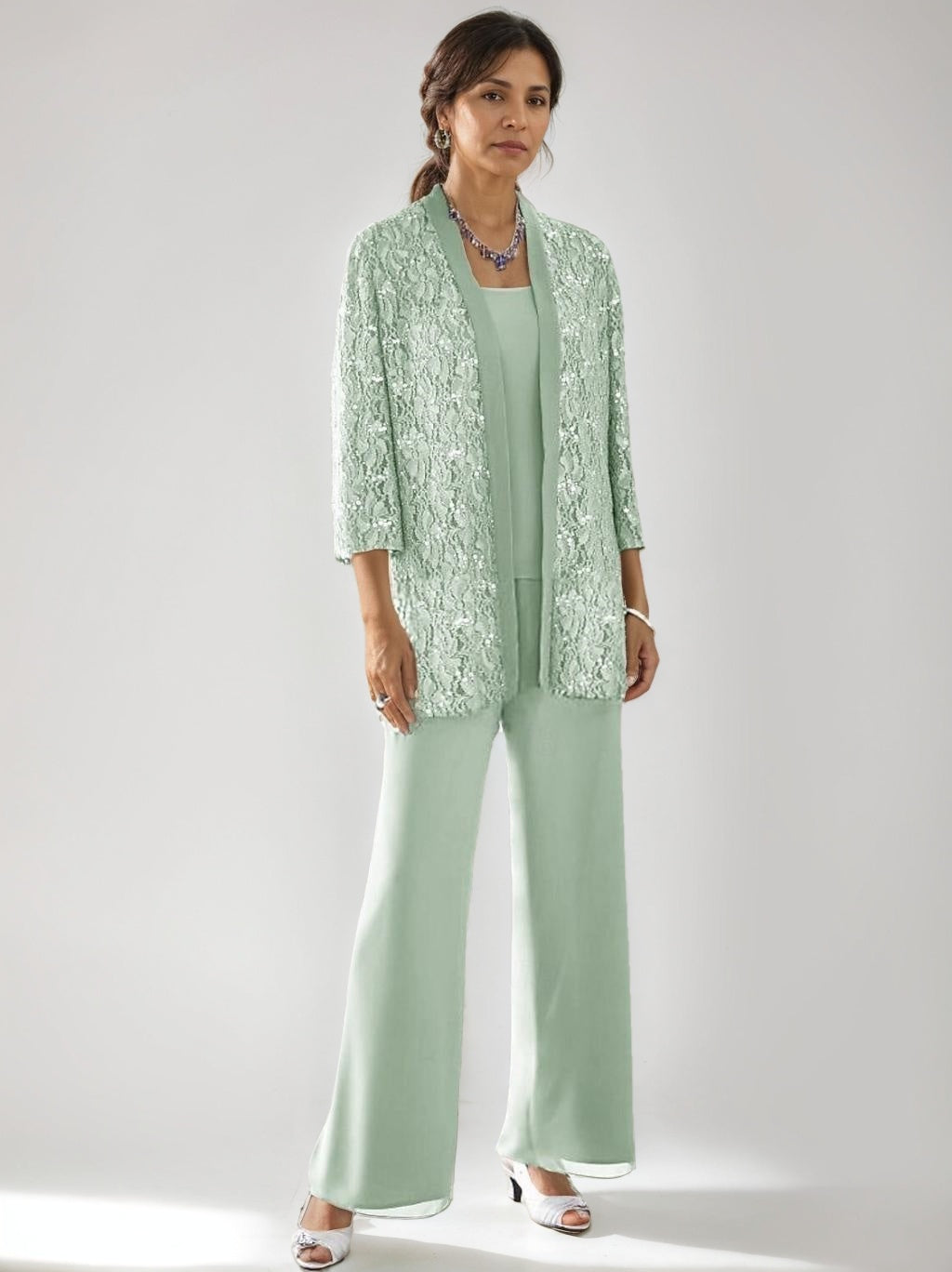 3 Pieces Scoop Neck 3/4 Sleeves Ankle-Length Mother of the Bride Pantsuits with Lace & Sequins & Jacket