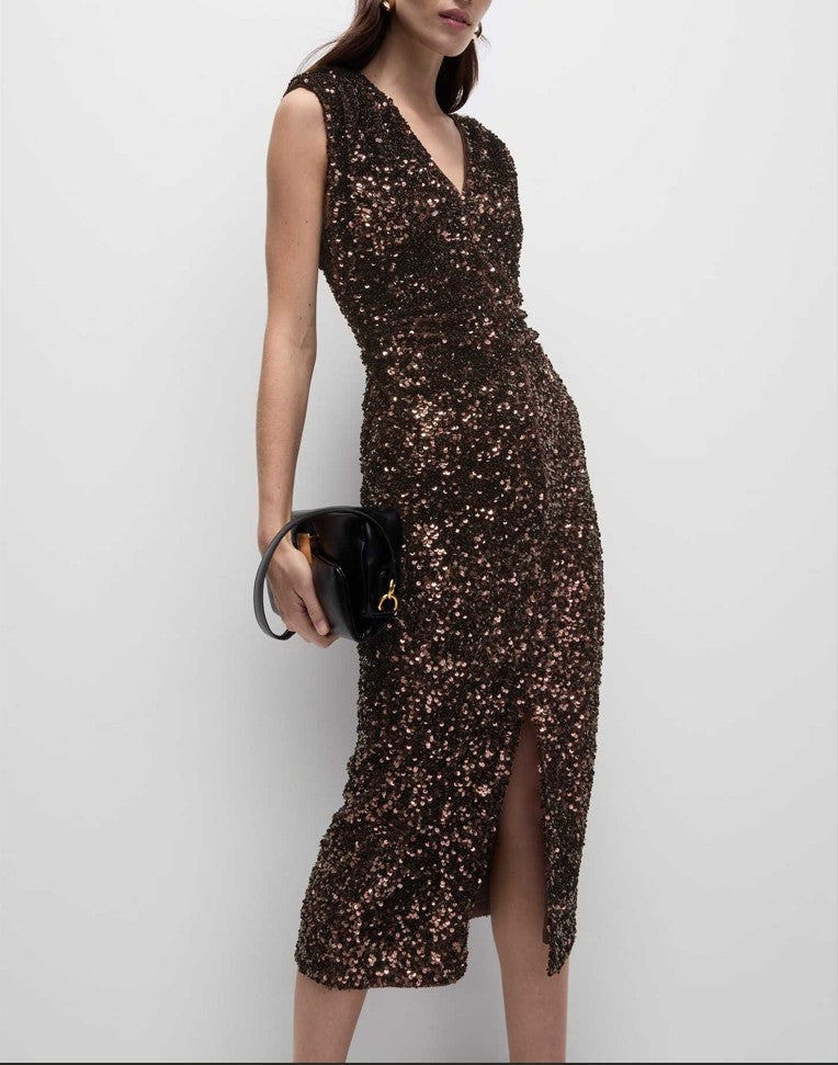 Sheath/Column V Neck Tea-Length Sleeveless Sequins Mother of the Bride Dresses