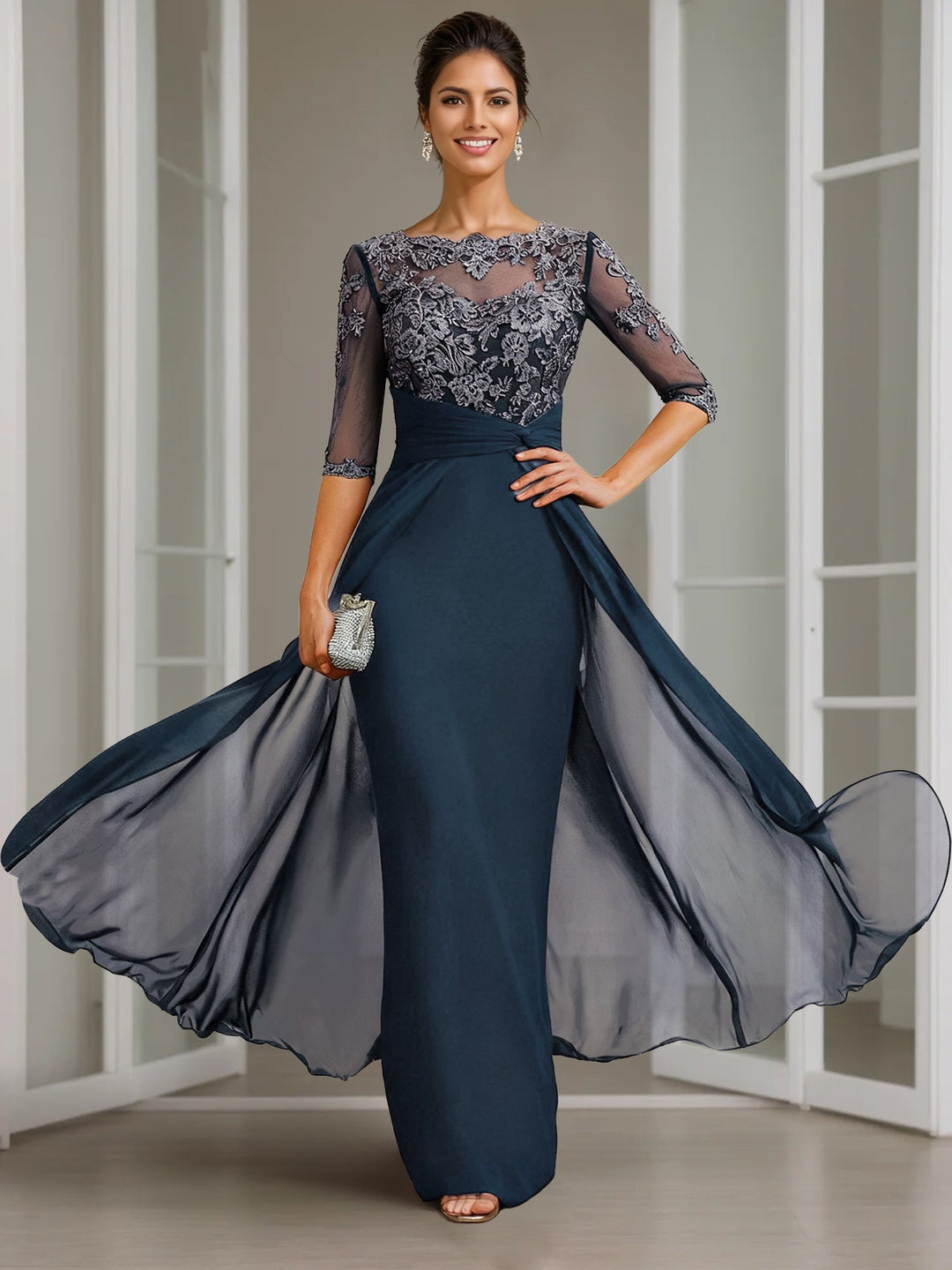 Sheath/Column Scoop Chiffon Lace Mother of the Bride Dresses Half Sleeves Floor-Length with Appliques