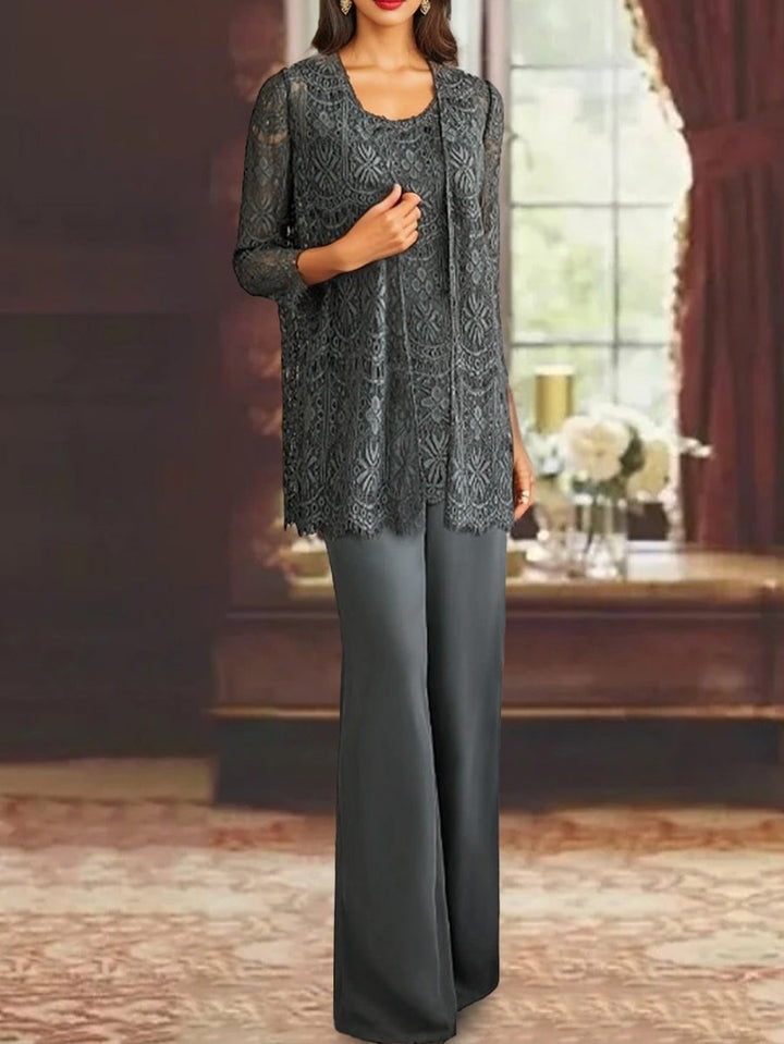 Chiffon Lace Scoop Ankle-Length Mother of the Bride Pantsuits with Jacket