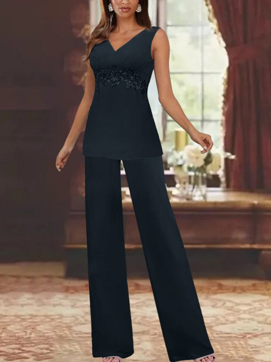Chiffon V-Neck 3/4 Sleeves Appliques Mother of the Bride Pantsuits with Jacket Ankle-Length