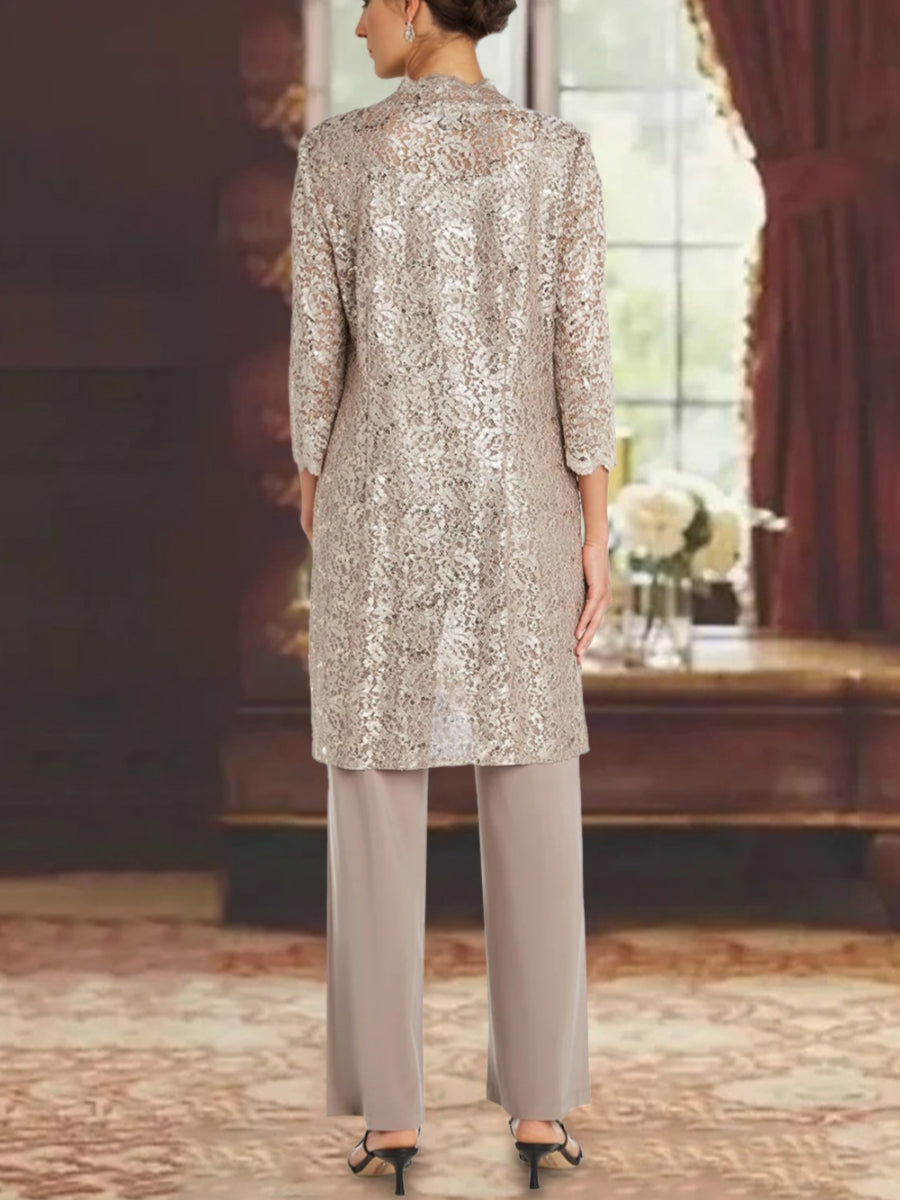 Chiffon Scoop 3/4 Sleeves Mother of the Bride Pantsuits with Lace Jacket Ankle-Length