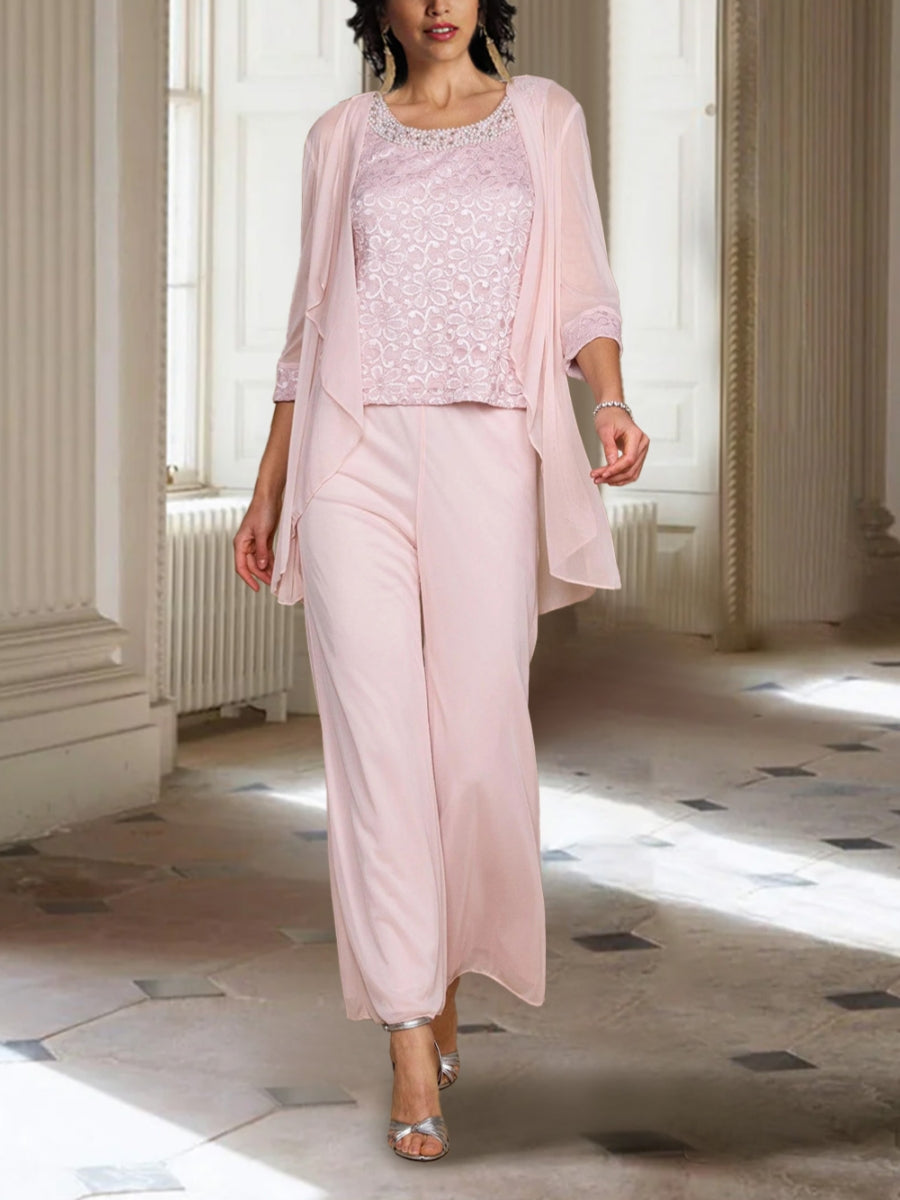 Jewel Neck 3/4 Sleeves Ankle-Length Mother of the Bride Pantsuits with Jacket Chiffon