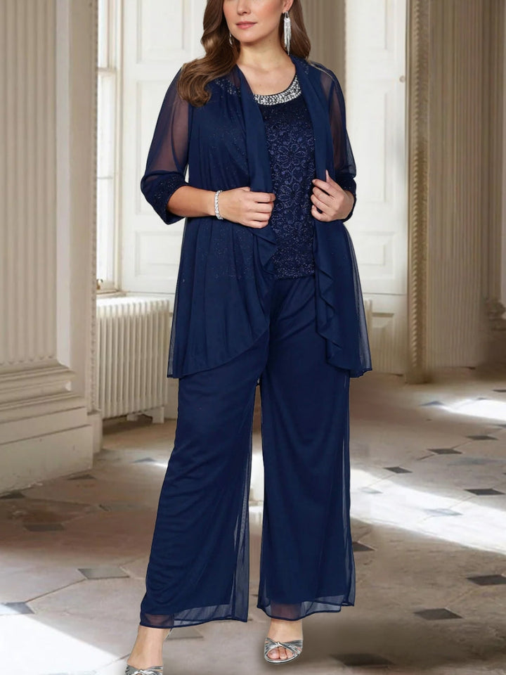 Jewel Neck 3/4 Sleeves Ankle-Length Mother of the Bride Pantsuits with Jacket Chiffon