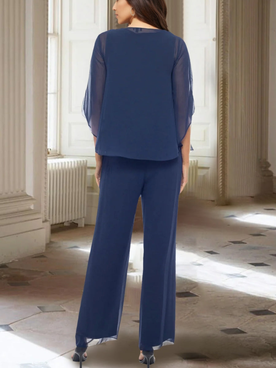Chiffon V-Neck 3/4 Sleeves Mother of the Bride Pantsuits with Jacket Ankle-Length