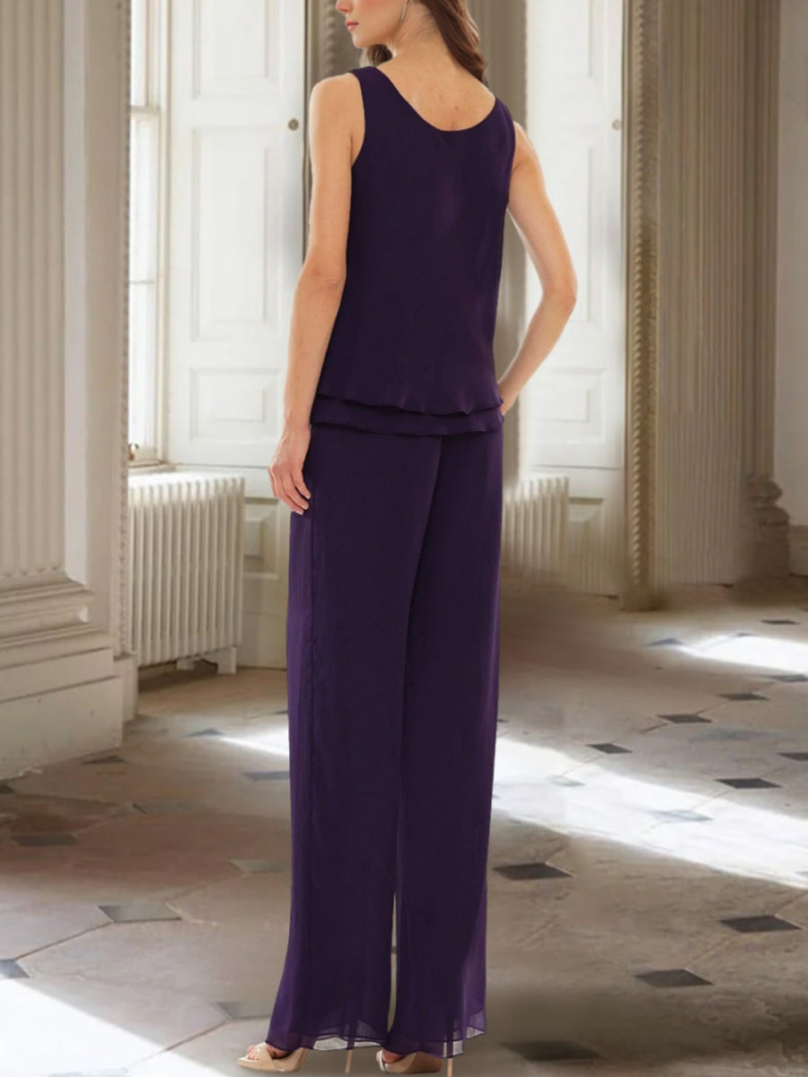 Chiffon Scoop Ankle-Length Mother of the Bride Pantsuits with Long Sleeves Jacket