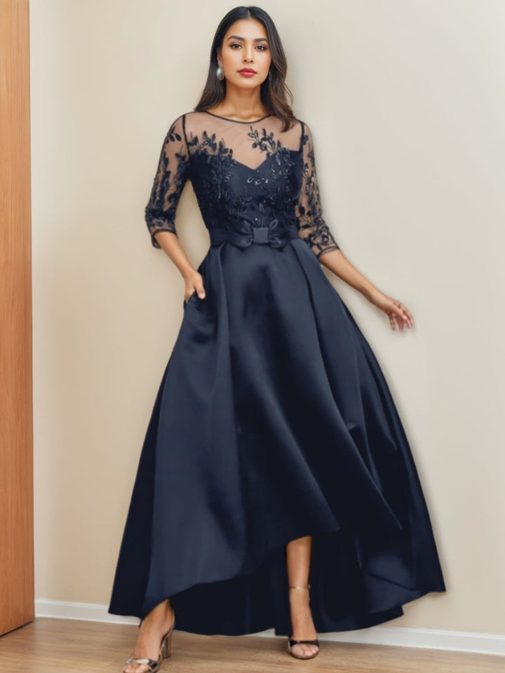 A-Line/Princess Half Sleeves Mother of the Bride Dresses with Lace Asymmetrical Satin