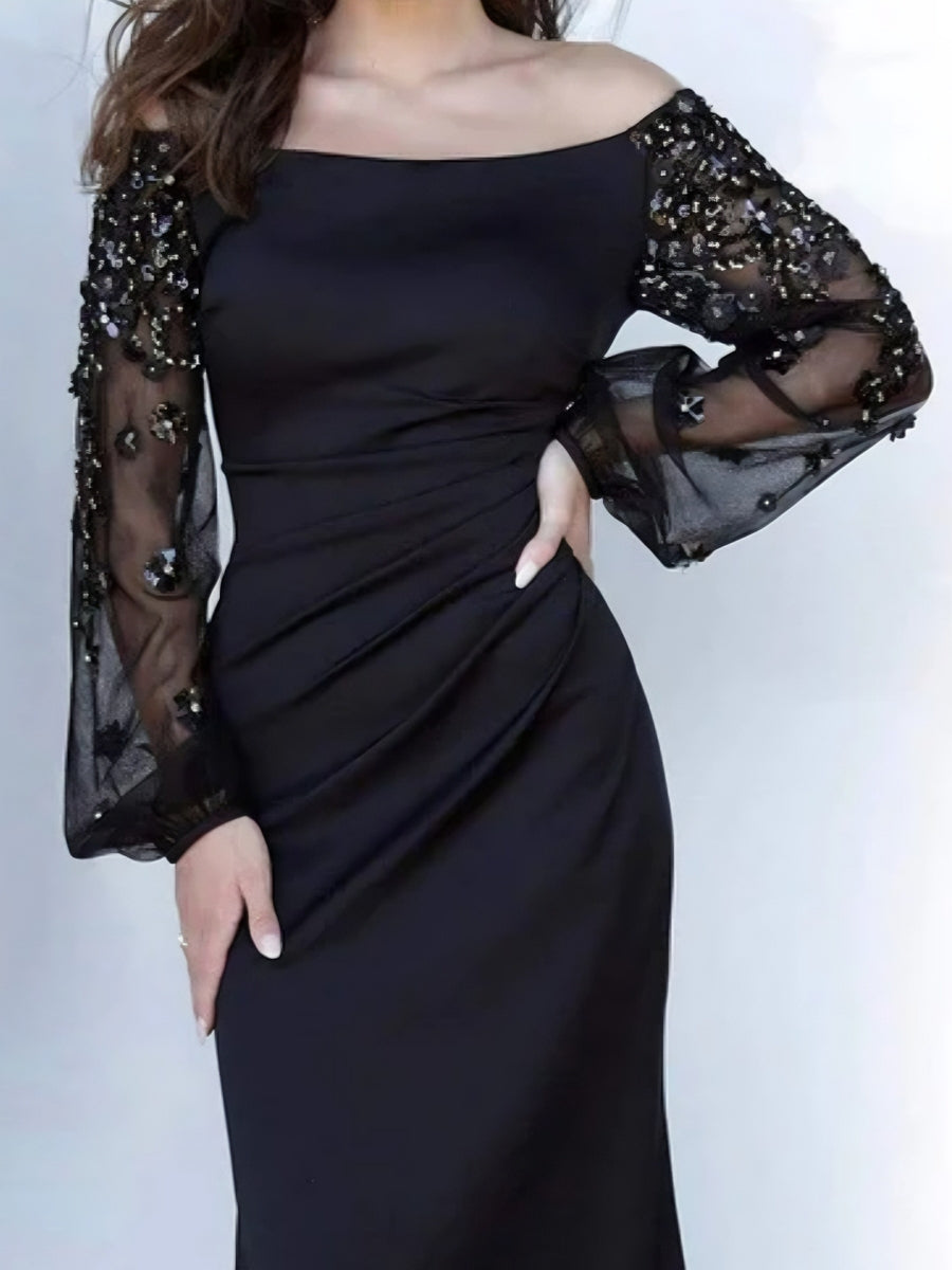 Sheath/Column Scoop Floor-Length Mother of the Bride Dresses Long Sleeves Pleats