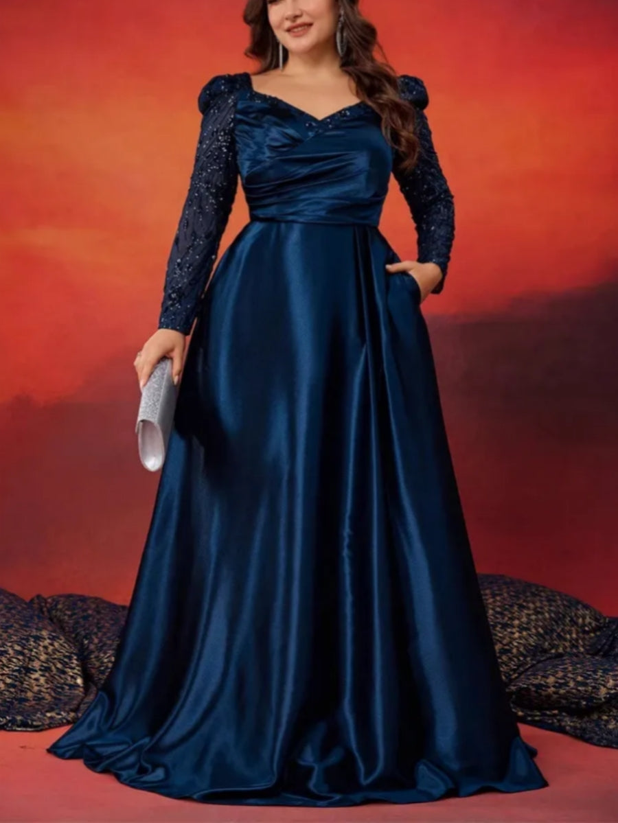 A-Line/Princess Long Sleeves V-Neck Plus Size Mother of the Bride Dresses with Lace Sequins