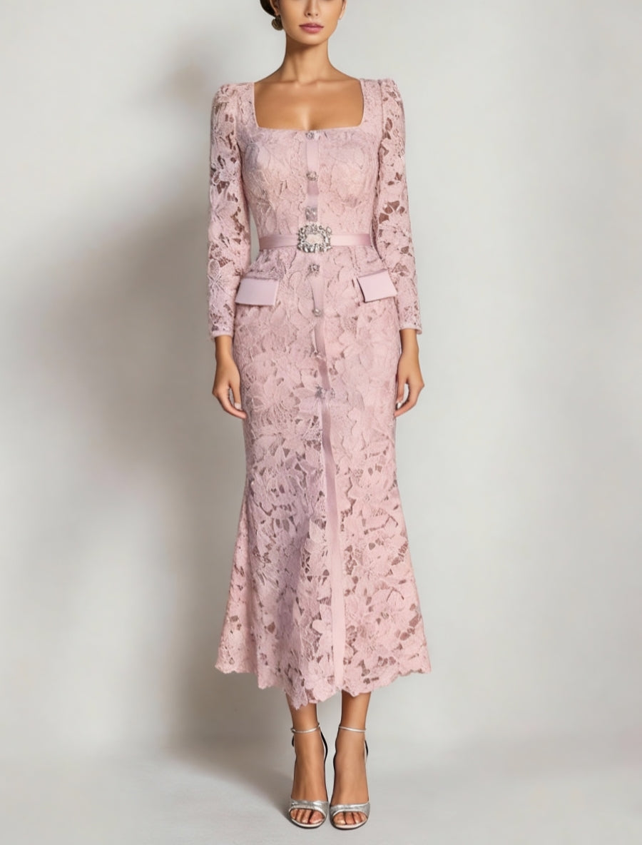 Sheath/Column Lace Long Sleeves Square Collar Mother of the Bride Dresses Ankle-Length