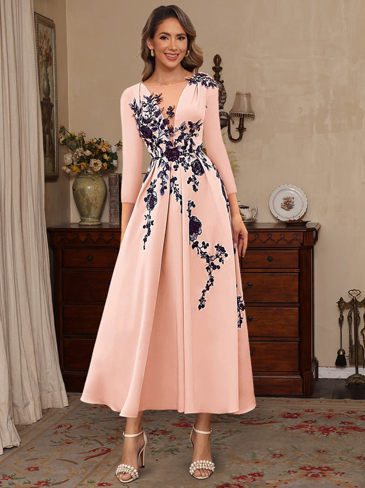 A-Line/Princess V-Neck Satin Mother of the Bride Dresses Lace Pleated 3/4 Sleeves Ankle-Length