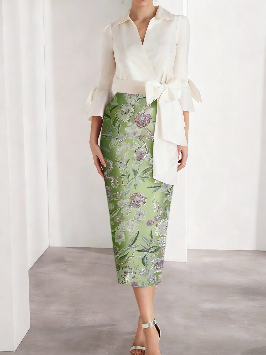 Sheath/Column V-Neck Satin Mother of the Bride Dresses 3/4 Sleeves Shirt Collar Tea-Length Cocktail Dresses