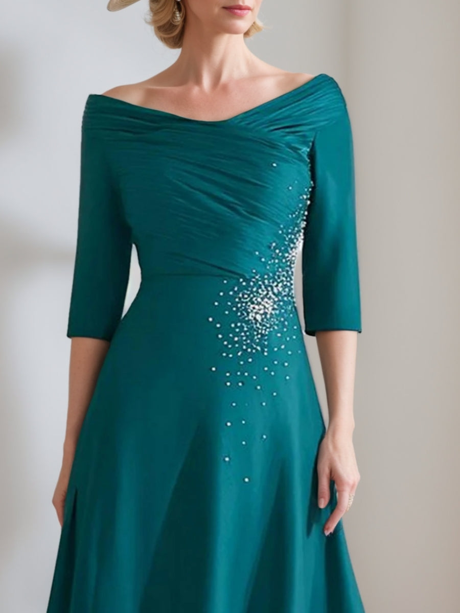 A-Line/Princess Off-the-Shoulder Satin Mother of the Bride Dresses Beading Ruched 3/4 Sleeves Tea-Length Cocktail Dress