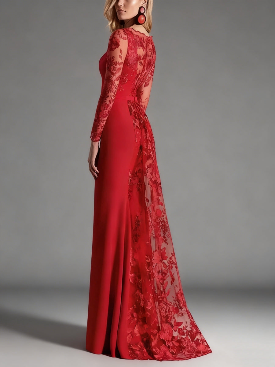 Sheath/Column Square Collar Mother of the Bride Dresses Stretch Satin Floor-Length Lace Long Sleeves