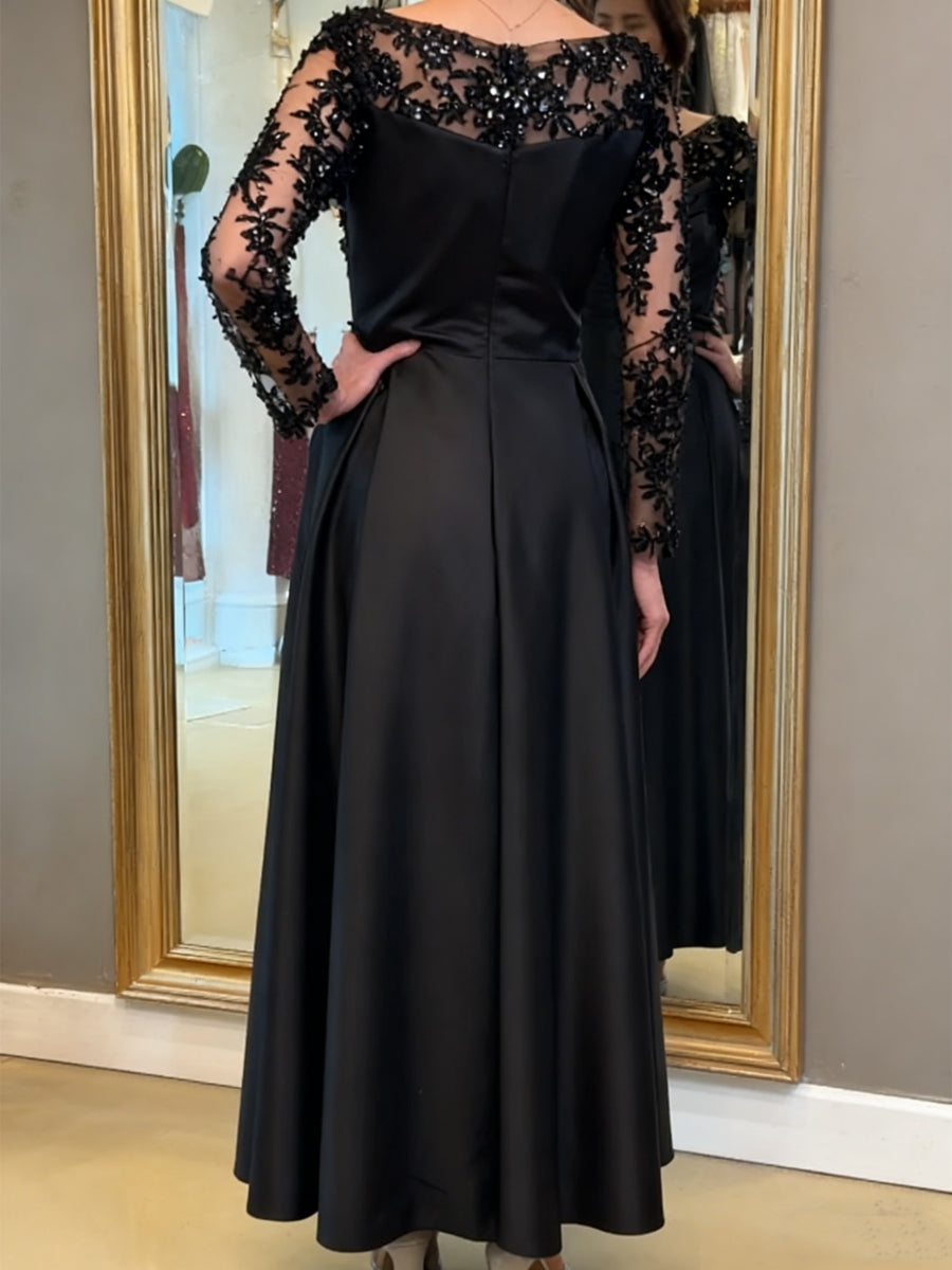 A-Line/Princess Satin Scoop Mother of the Bride Dresses Lace Ruched Long Sleeves Ankle-Length