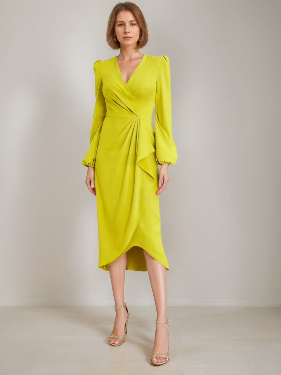 Sheath/Column V-Neck Mother of the Bride Dresses Stretch Satin Tea-Length Long Sleeves Ruffles Ruched Cocktail Dress