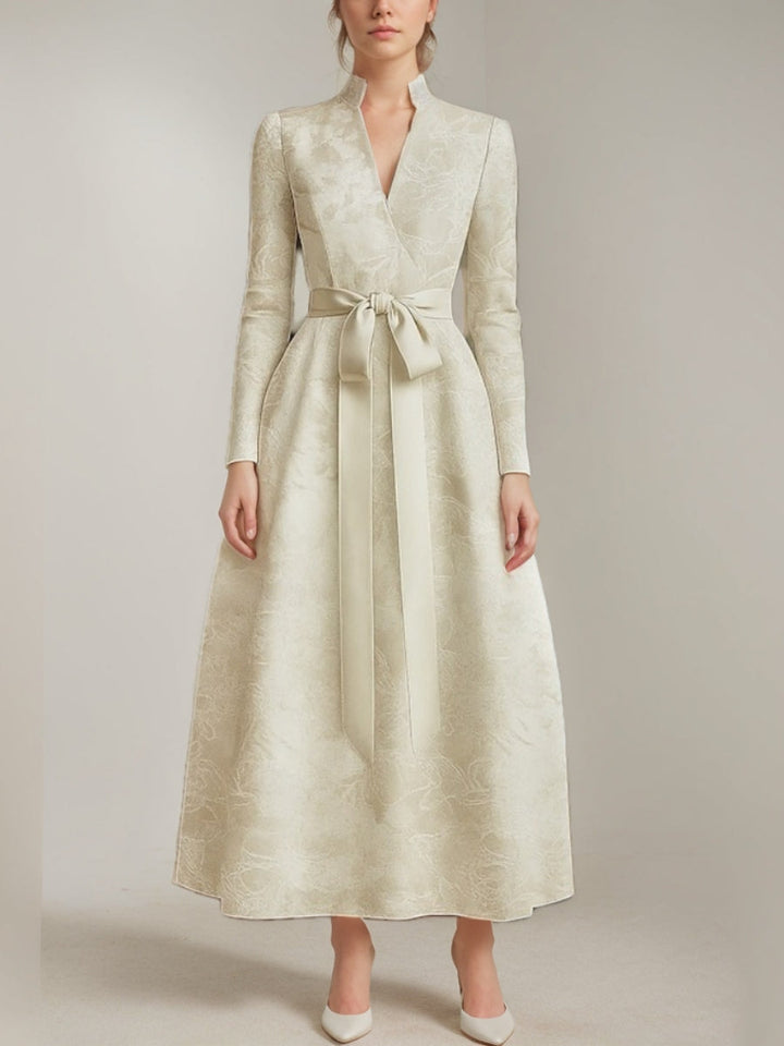 A-Line/Princess V-Neck Satin Mother of the Bride Dresses Long Sleeves Ankle-Length with Bow