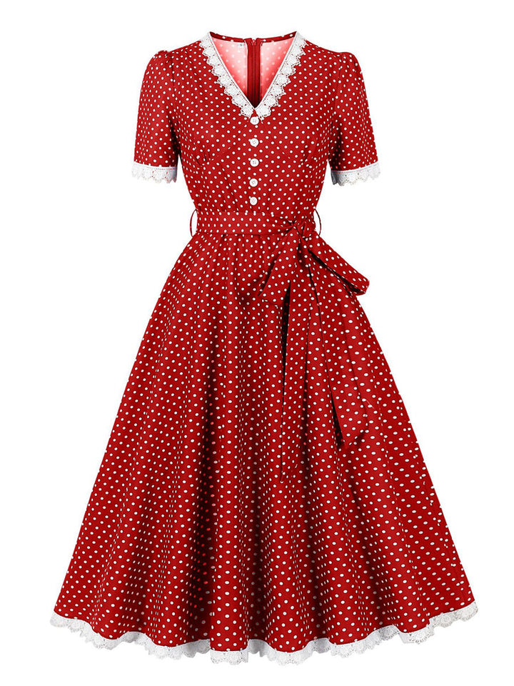 A-Line/Princess V-Neck Elegant Vintage Costume Dresses with Dots & Bows