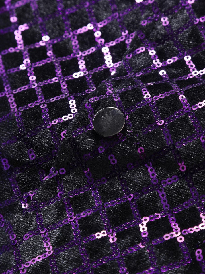 Purple Men's Sequins V-Neck Single Breasted Buttons Sparkling Party Vest with Pocket & Belt