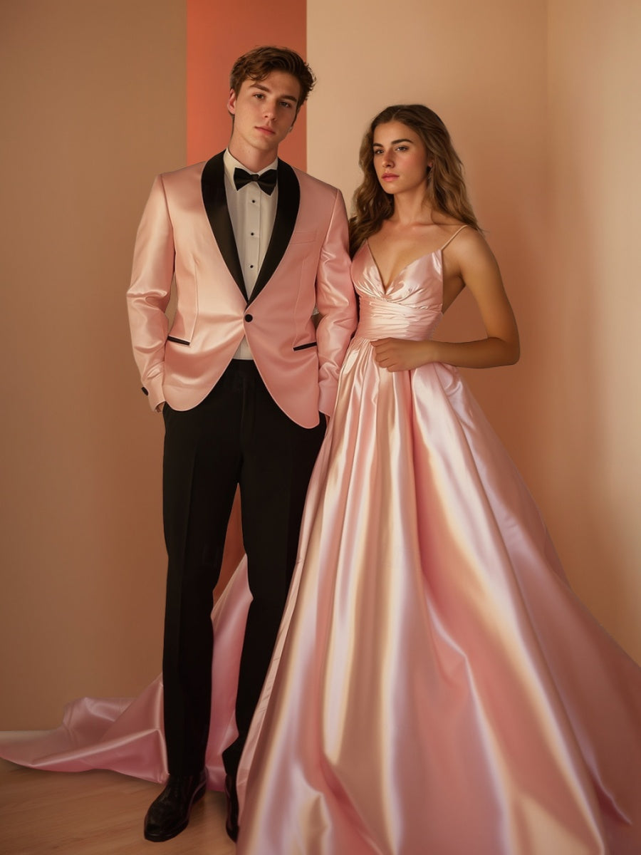 Men's Pink & Black Single Breasted One-button Shawl Lapel Wedding Prom Party Suits