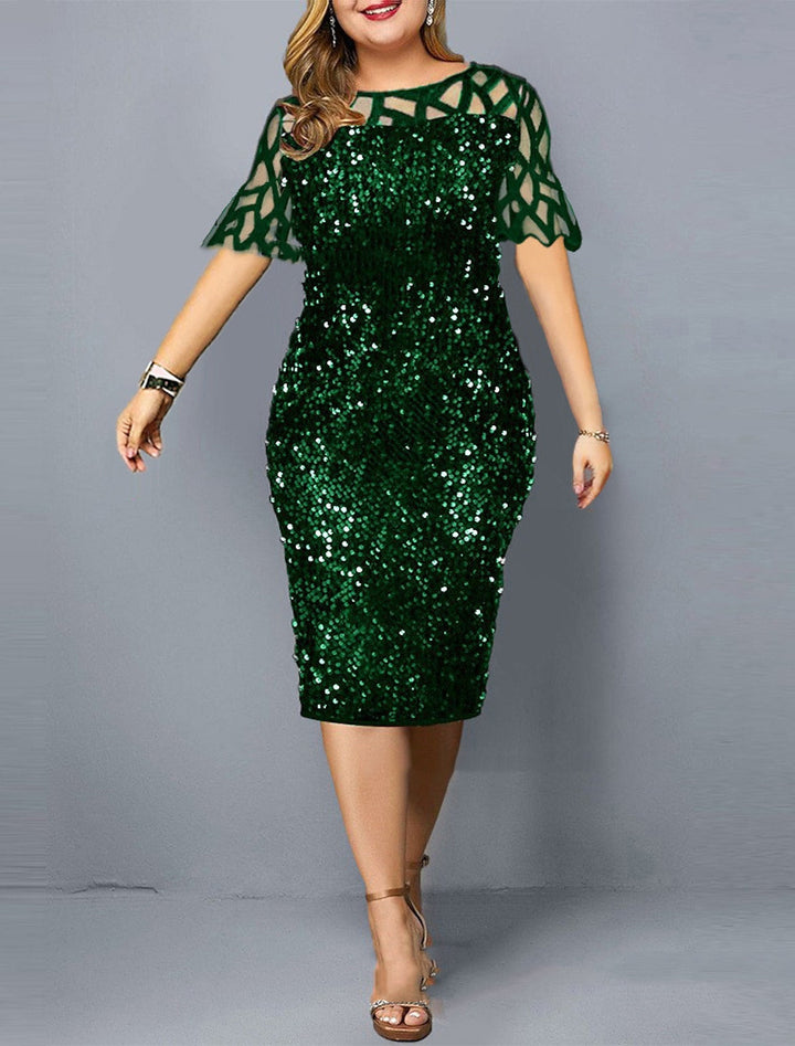 Sequins Formal Wedding Guest Plus Size Round Neck Cocktail Dress Sheath/Column Knee-Length Half Sleeves