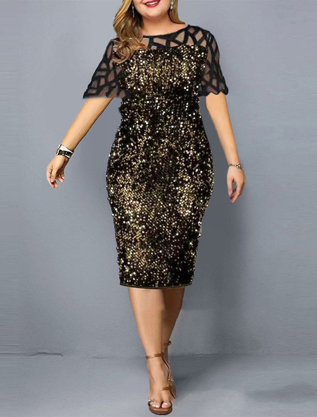 Sequins Formal Wedding Guest Plus Size Round Neck Cocktail Dress Sheath/Column Knee-Length Half Sleeves