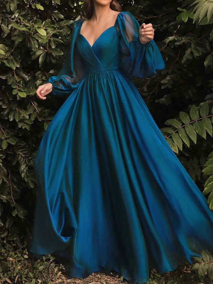 A-Line/Princess V-Neck Evening Dresses Long Sleeves Floor-length With Ruffles