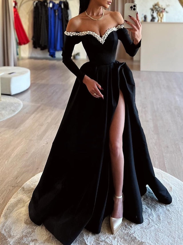 Ball Gown Off-the-Shoulder Evening Dresses Floor-length With Split Side & Beading