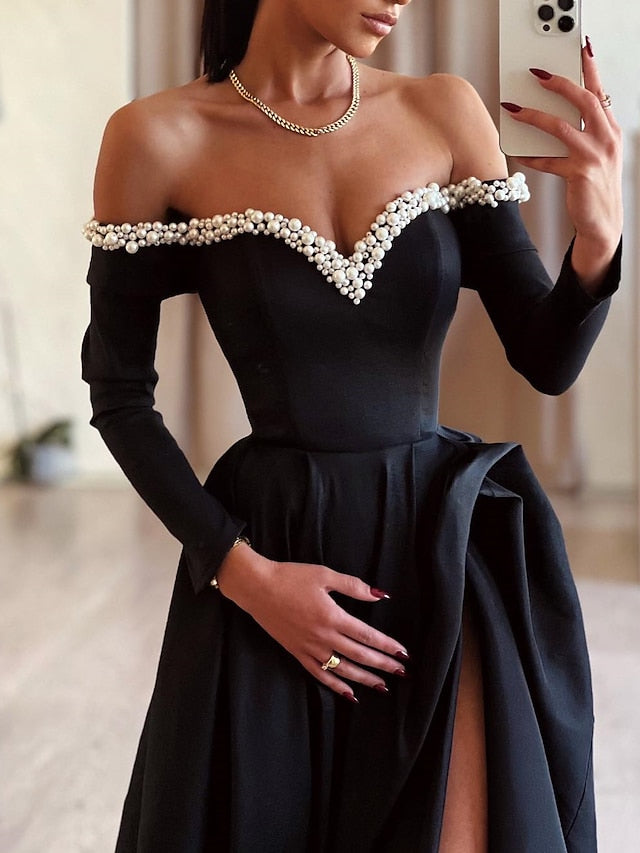 Ball Gown Off-the-Shoulder Evening Dresses Floor-length With Split Side & Beading