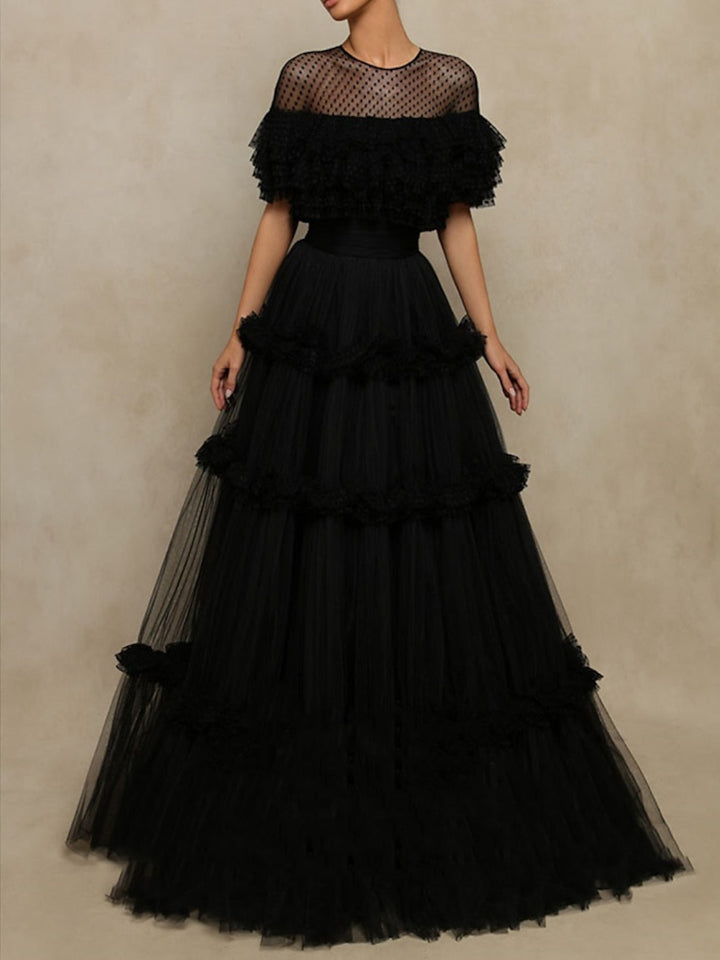 A-Line/Princess Sheer Neck Tulle Long Dresses Formal Dresses
