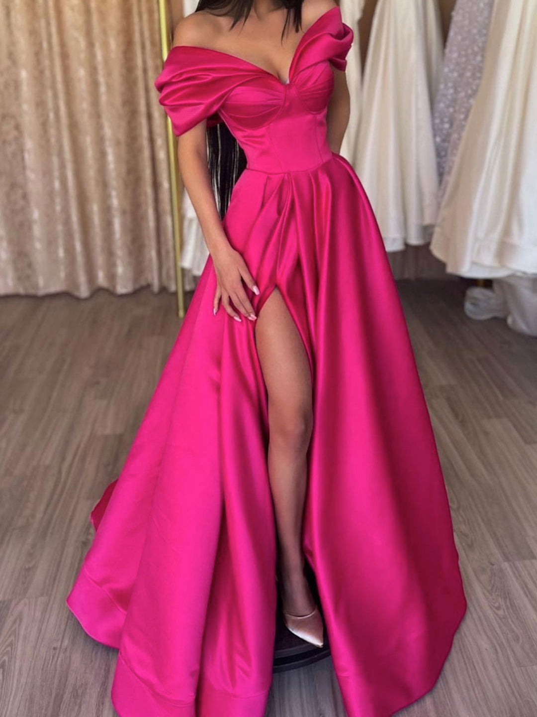A-Line/Princess Off-the-Shoulder Evening Dresses Satin Prom Party Dress With Split Side