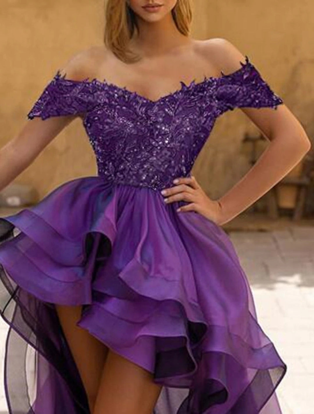 Ball Gown Off-the-Shoulder Evening Dresses Asymmetrical Prom Party Dress With Sequins